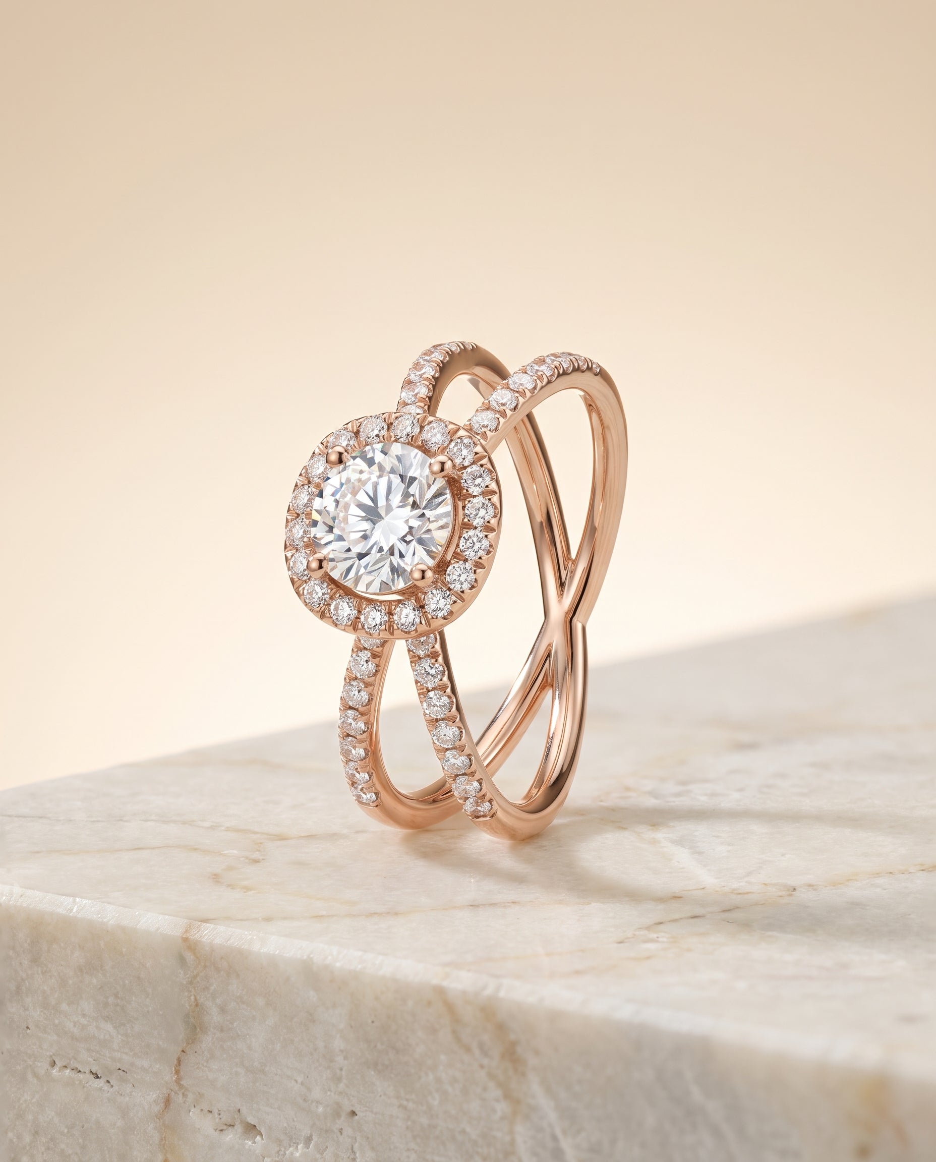 Crossover Pavé Halo styling on The Joan round engagement ring setting | RockHer