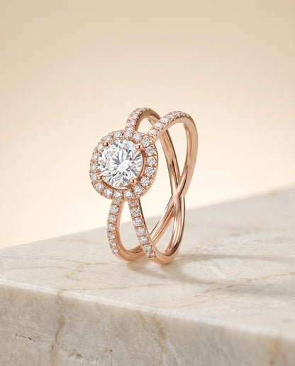 The Joan Crossover Pavé Halo Round Engagement Ring Setting in 14K Rose Gold