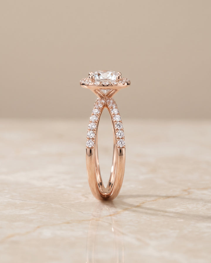 The Joan Crossover Pavé Halo Round Engagement Ring Setting in 14K Rose Gold