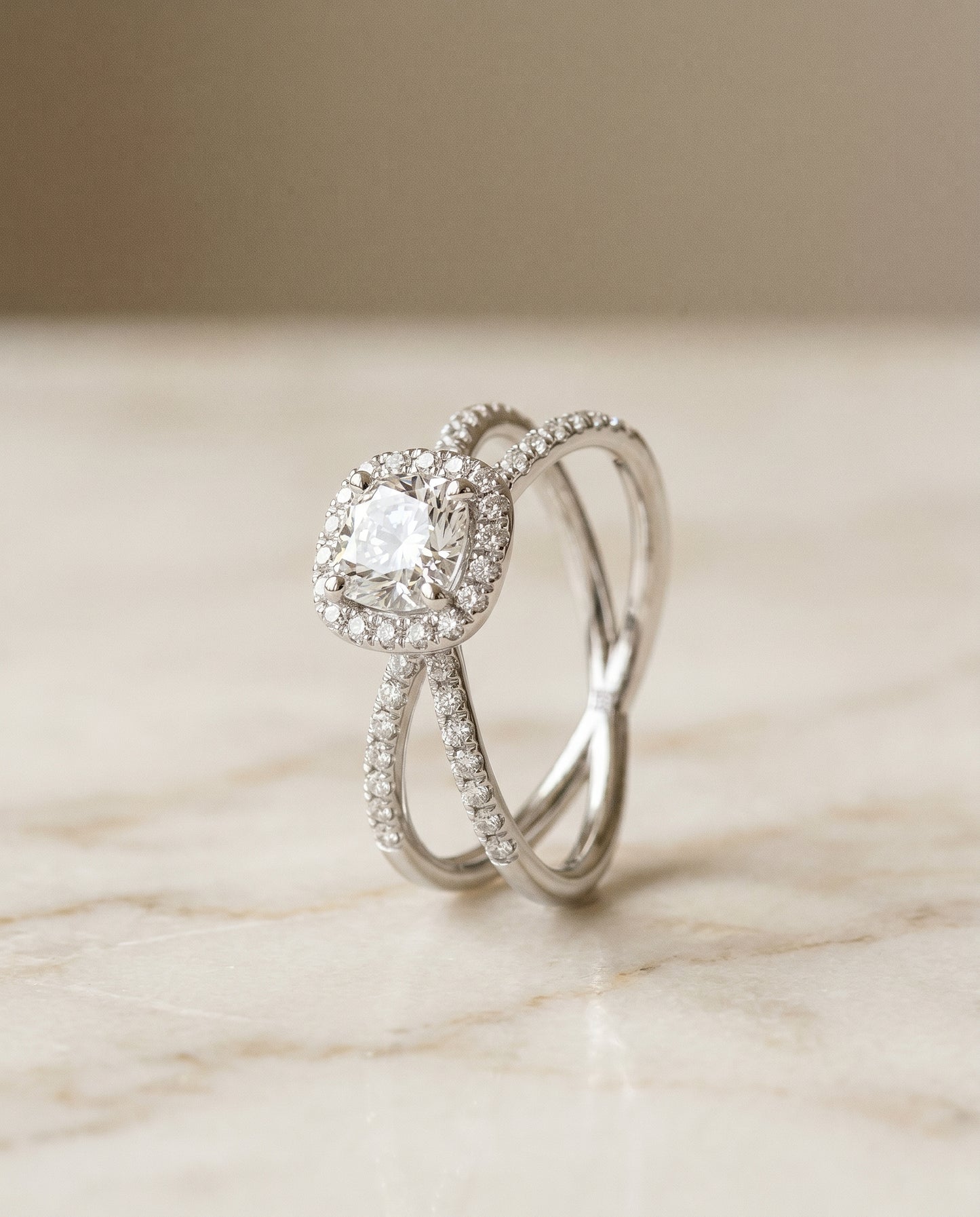 The Joan Pavé Halo Engagement Ring Setting for Cushion Diamonds in 18K White Gold