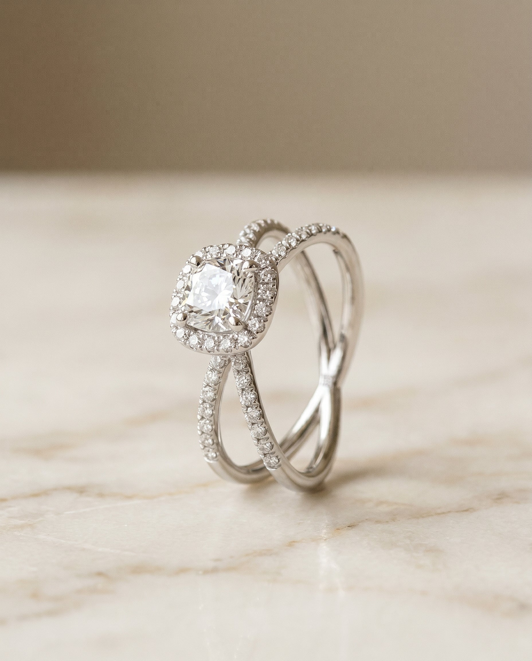 Crossover Pavé Halo Cut styling on The Joan cushion engagement ring setting | RockHer