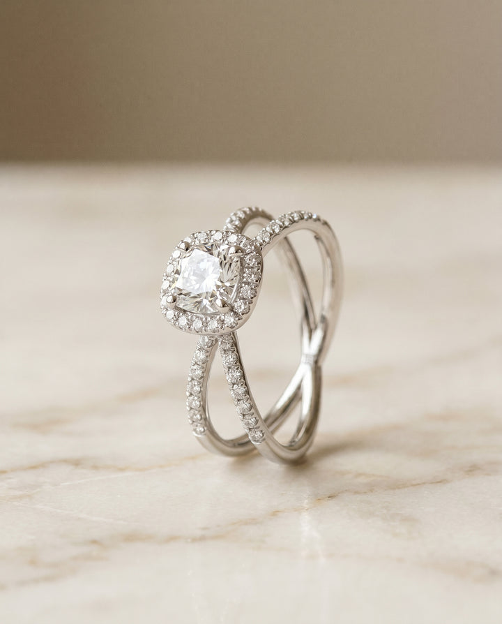 The Joan Pavé Halo Engagement Ring Setting for Cushion Diamonds in 18K White Gold