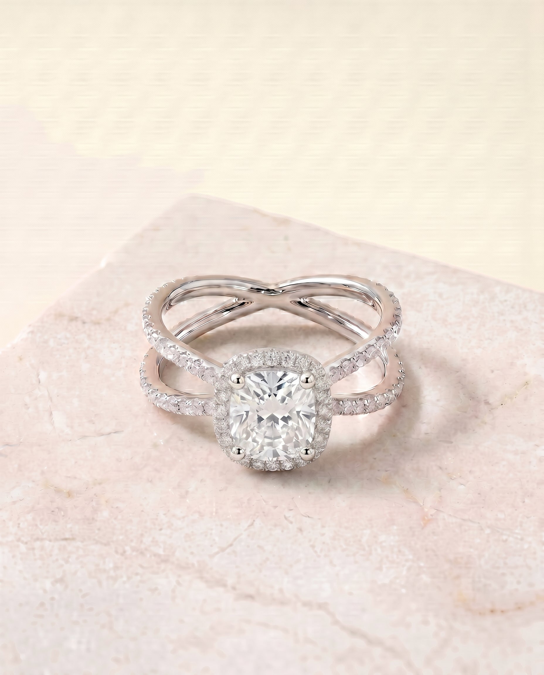 The Joan Pavé Halo Engagement Ring Setting for Cushion Diamonds in 18K White Gold