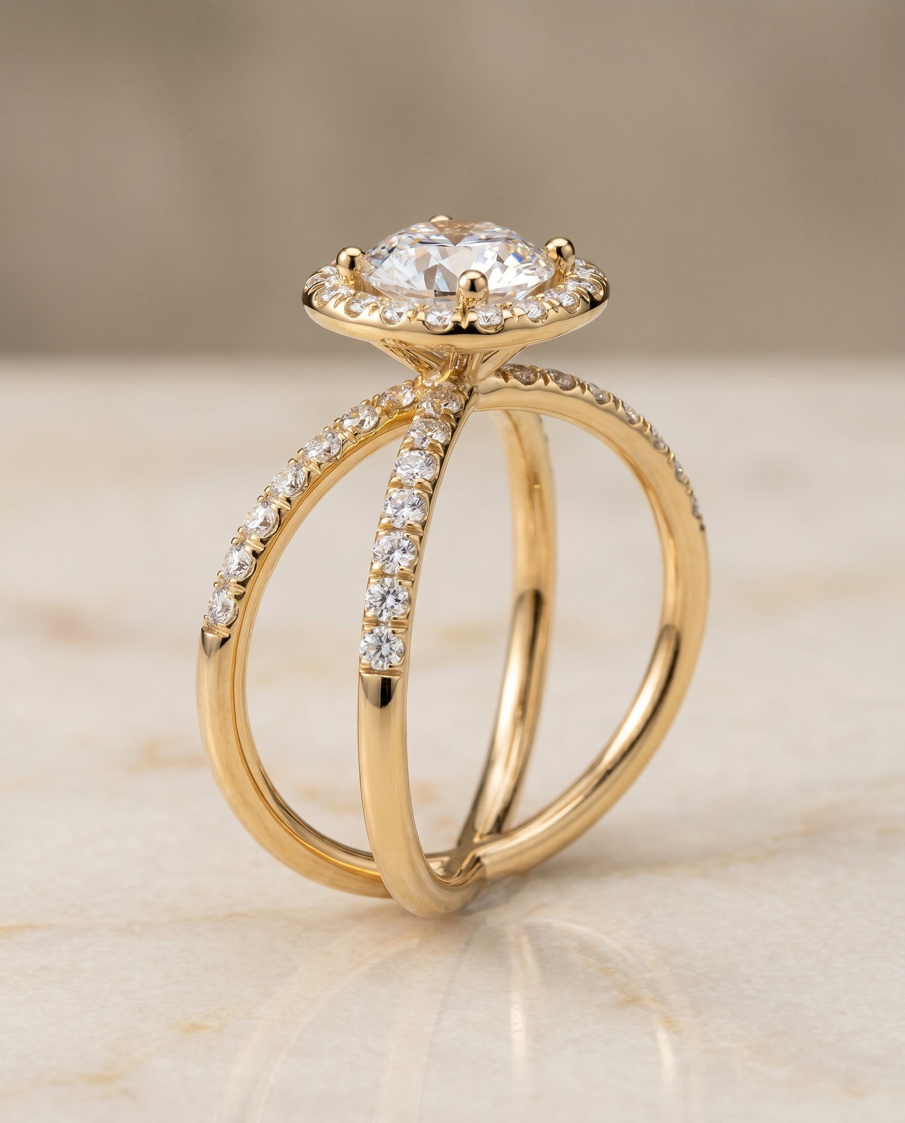 Crossover Pavé Halo styling on The Joan round engagement ring setting | RockHer