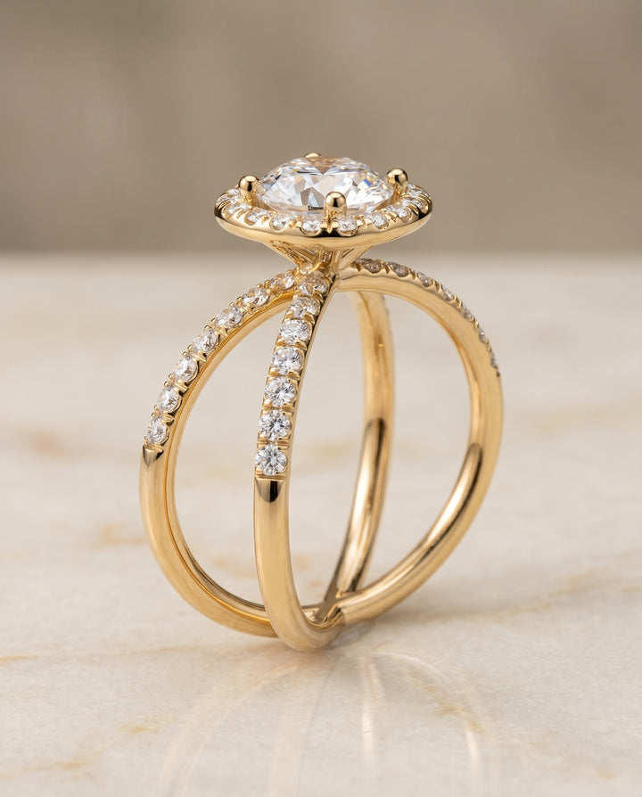 The Joan Pavé Halo Engagement Ring Setting for Round Diamonds in 18K Yellow Gold