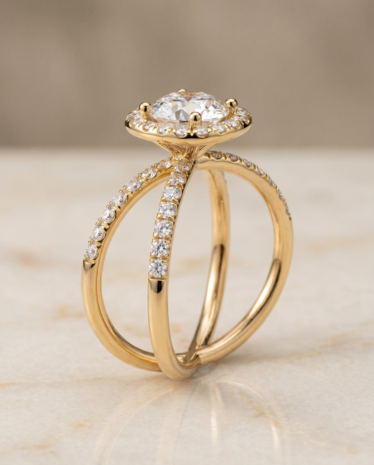 Joan Select Crossover Pavé Halo Round Lab Diamond Engagement Ring in 18K Yellow Gold, front view | RockHer