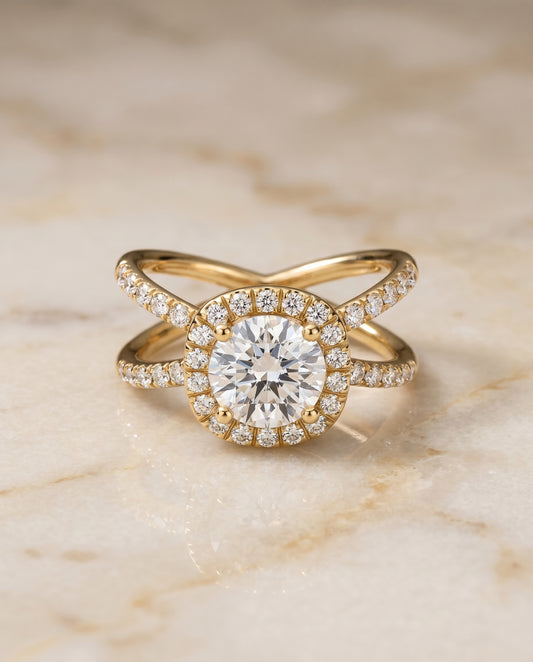 The Joan Pavé Halo Engagement Ring Setting for Round Diamonds in 18K Yellow Gold