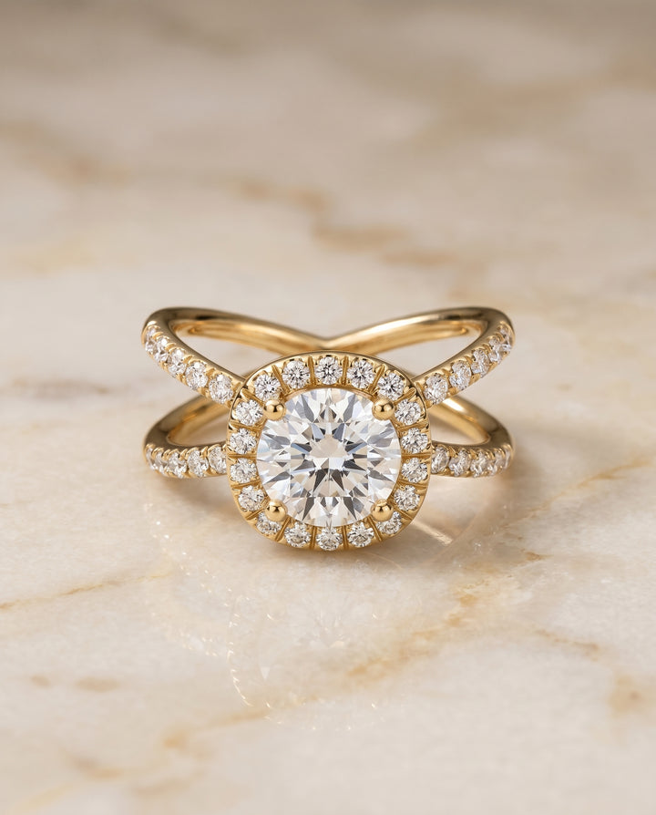 The Joan Crossover Pavé Halo Round Engagement Ring Setting in 18K Yellow Gold