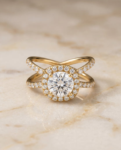 Joan Select Crossover Pavé Halo Round Lab Diamond Engagement Ring in 18K Yellow Gold, shown on hand, angled | RockHer