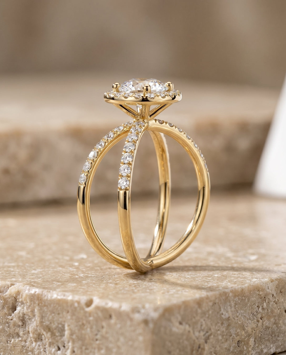 Joan Select Crossover Pavé Halo Round Lab Diamond Engagement Ring in 18K Yellow Gold, side view | RockHer