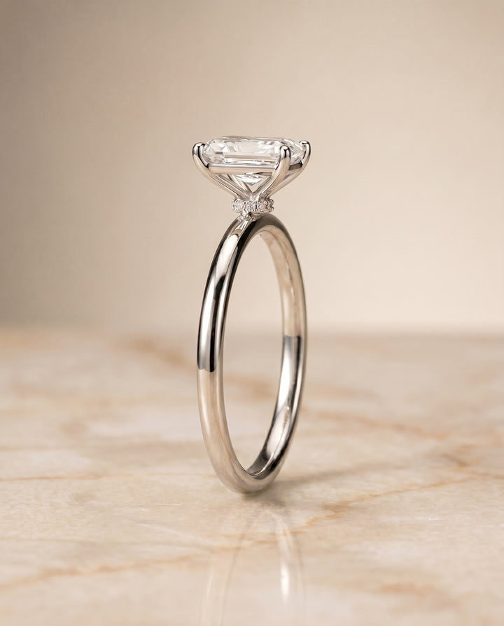 The Joni Hidden Halo Solitaire Radiant Cut Engagement Ring Setting in Platinum