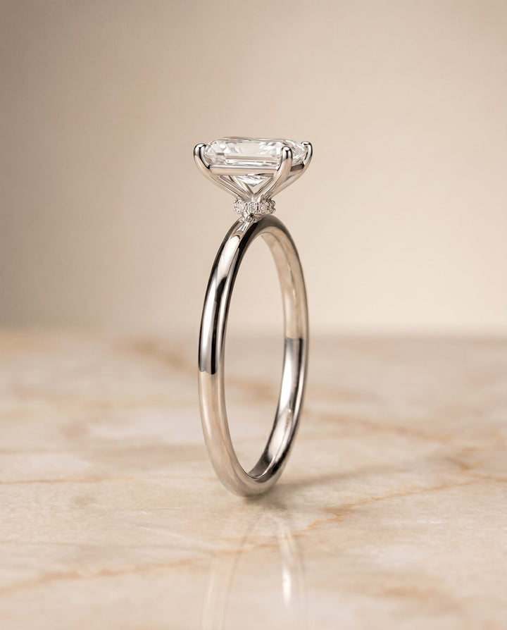 Joni Select Hidden Halo Radiant Cut Lab Diamond Engagement Ring in Platinum, side view | RockHer
