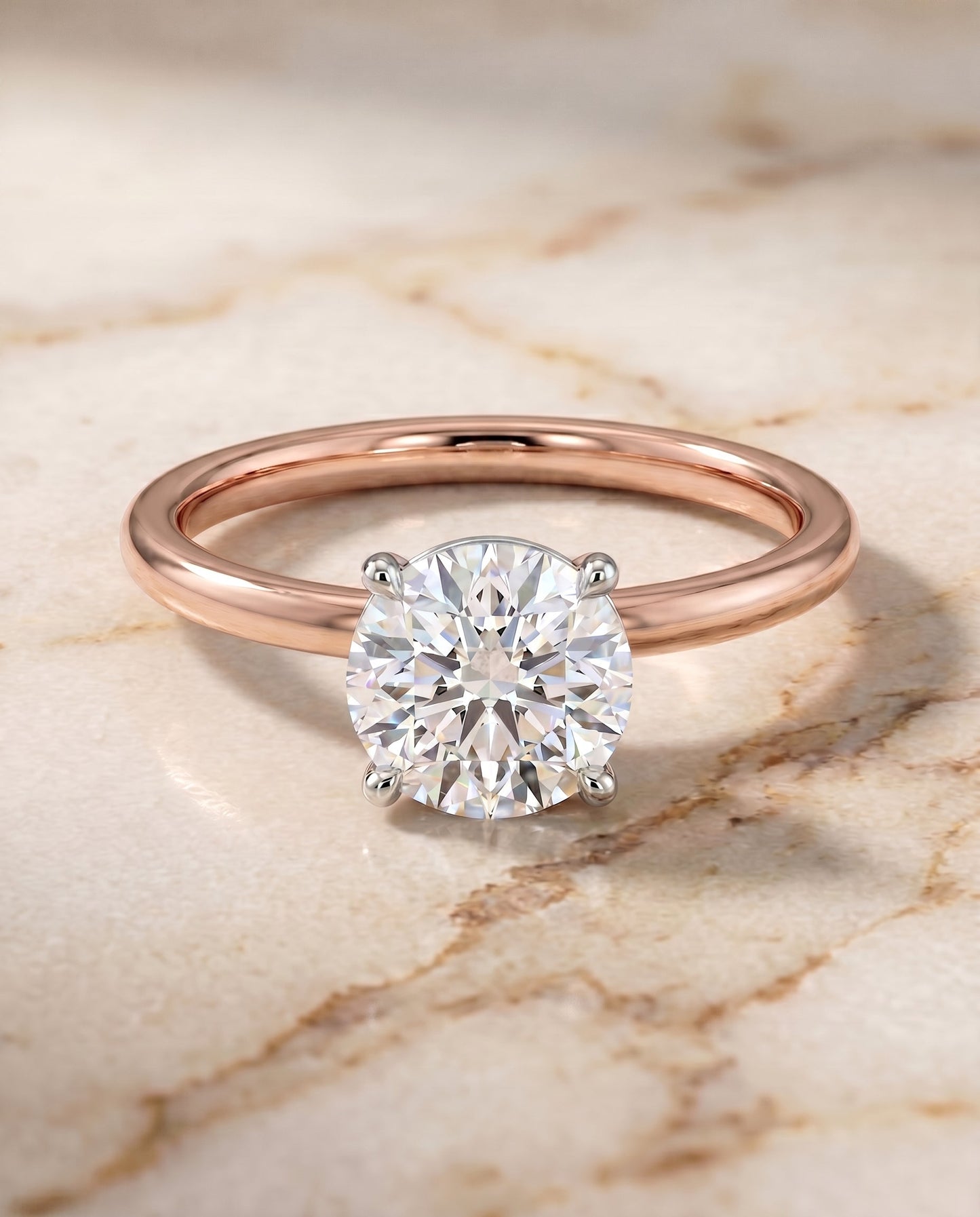 Joni Select Hidden Halo Round Lab Diamond Engagement Ring in 14K Rose Gold, shown on hand, angled | RockHer