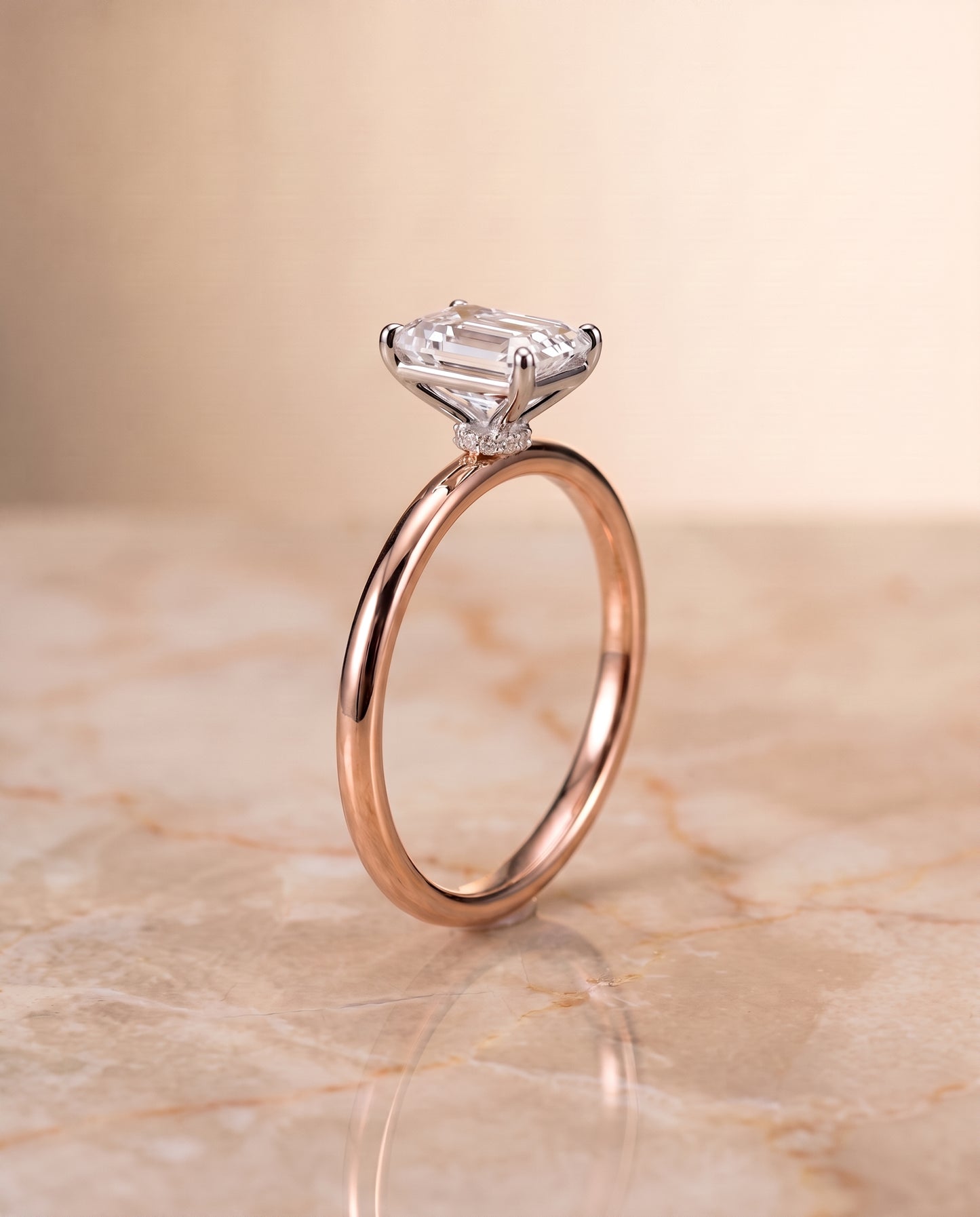 The Joni Hidden Halo Solitaire Emerald Cut Engagement Ring Setting in 14K Rose Gold