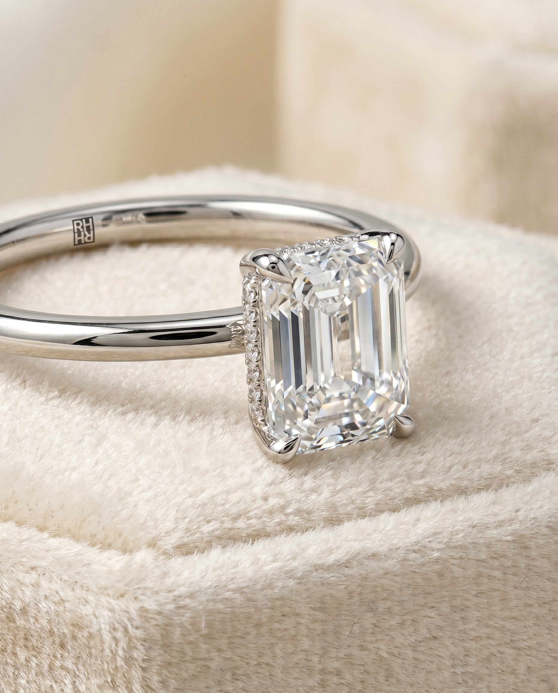 18K White Gold band of The Joni emerald engagement ring setting | RockHer