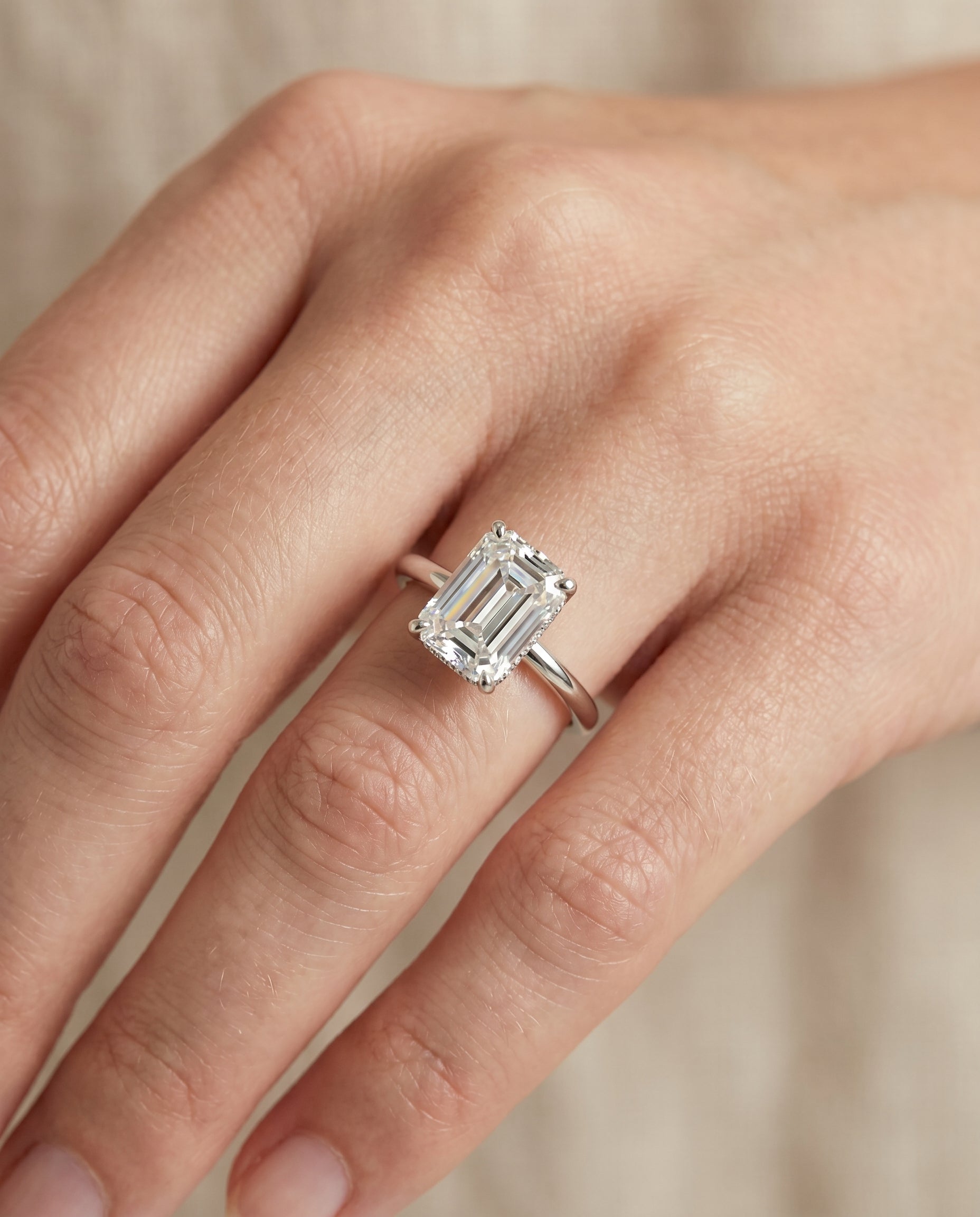 The Joni engagement ring setting in 18K White Gold, hidden halo solitaire cut design | RockHer