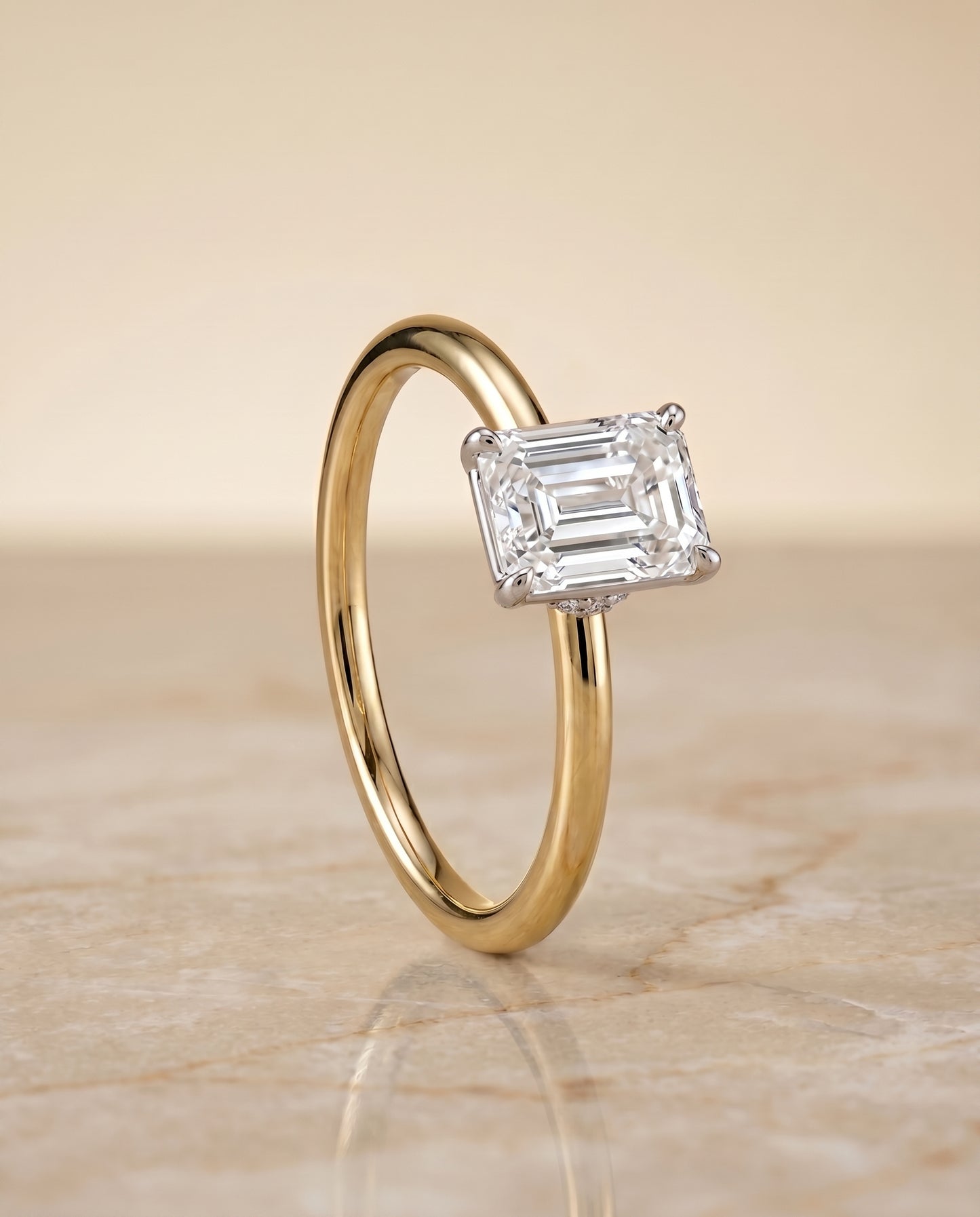 The Joni Hidden Halo Solitaire Emerald Cut Engagement Ring Setting in 18K Yellow Gold