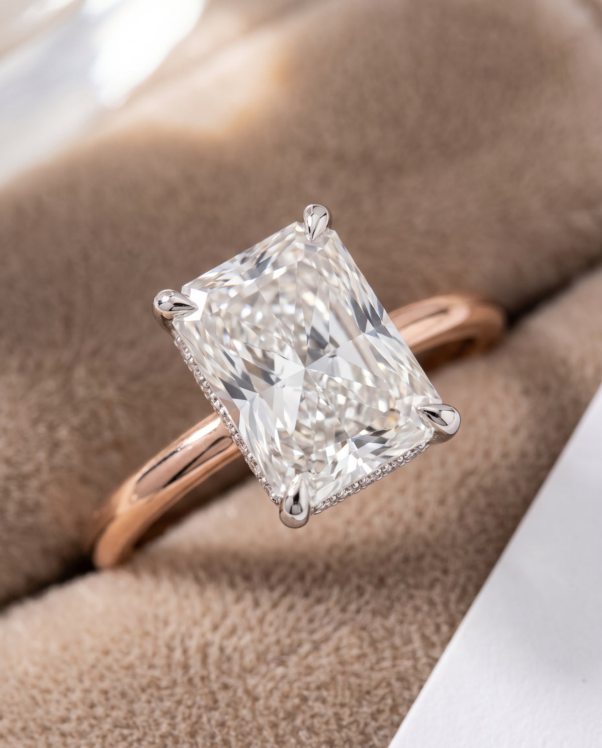 The Joni Hidden Halo Solitaire Radiant Cut Engagement Ring Setting in 14K Rose Gold