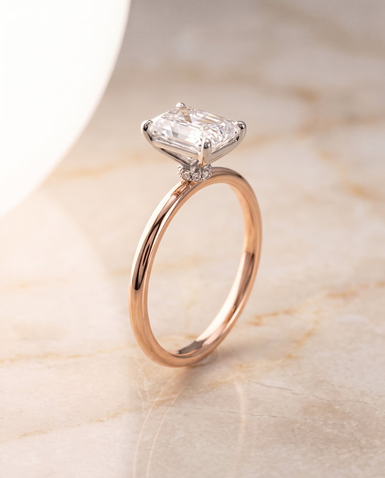 The Joni Hidden Halo Solitaire Radiant Cut Engagement Ring Setting in 14K Rose Gold