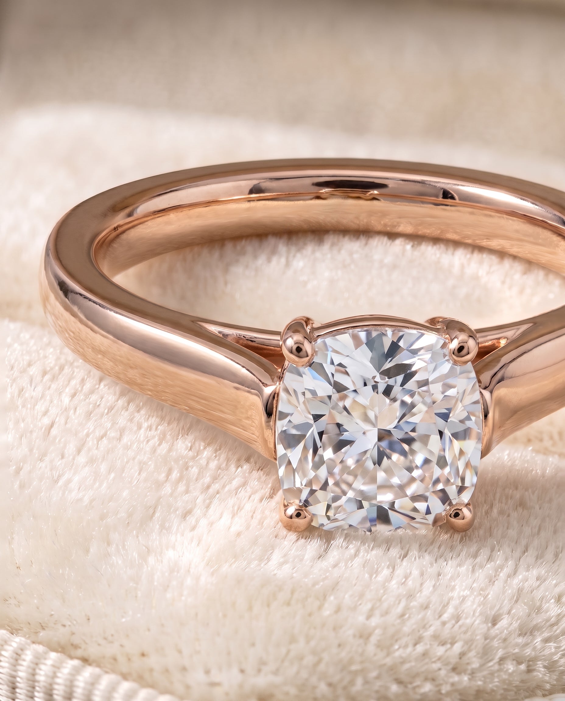 The Juliette Elegant Cathedral Squared Edge Solitaire Cushion Cut Engagement Ring Setting in 14K Rose Gold