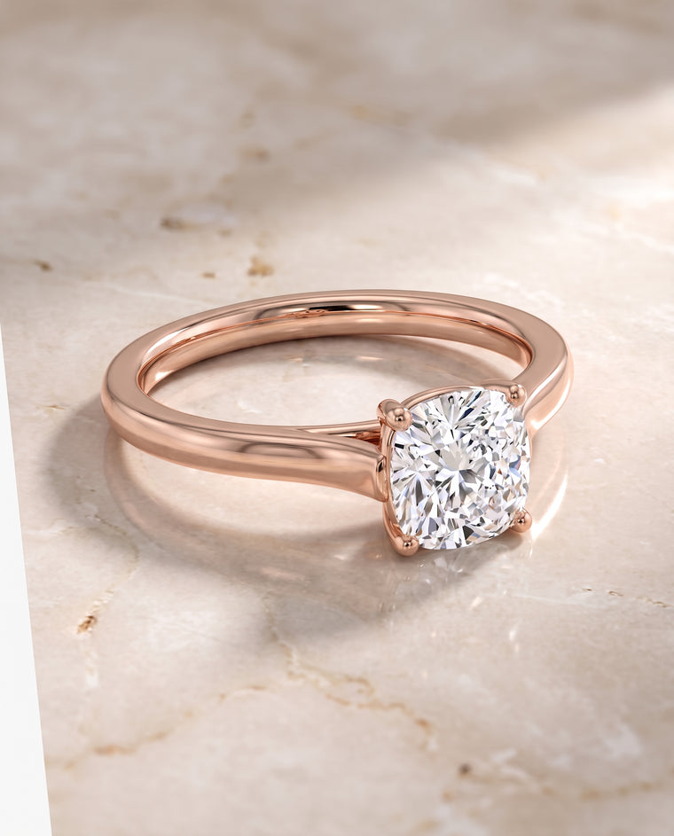The Juliette Elegant Cathedral Squared Edge Solitaire Cushion Cut Engagement Ring Setting in 14K Rose Gold