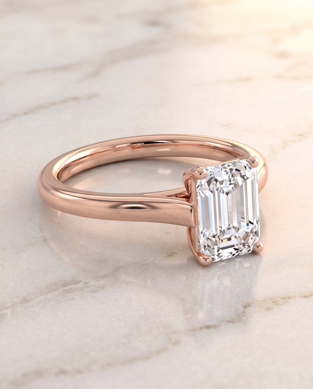 The Juliette Elegant Cathedral Squared Edge Solitaire Emerald Cut Engagement Ring Setting in 14K Rose Gold