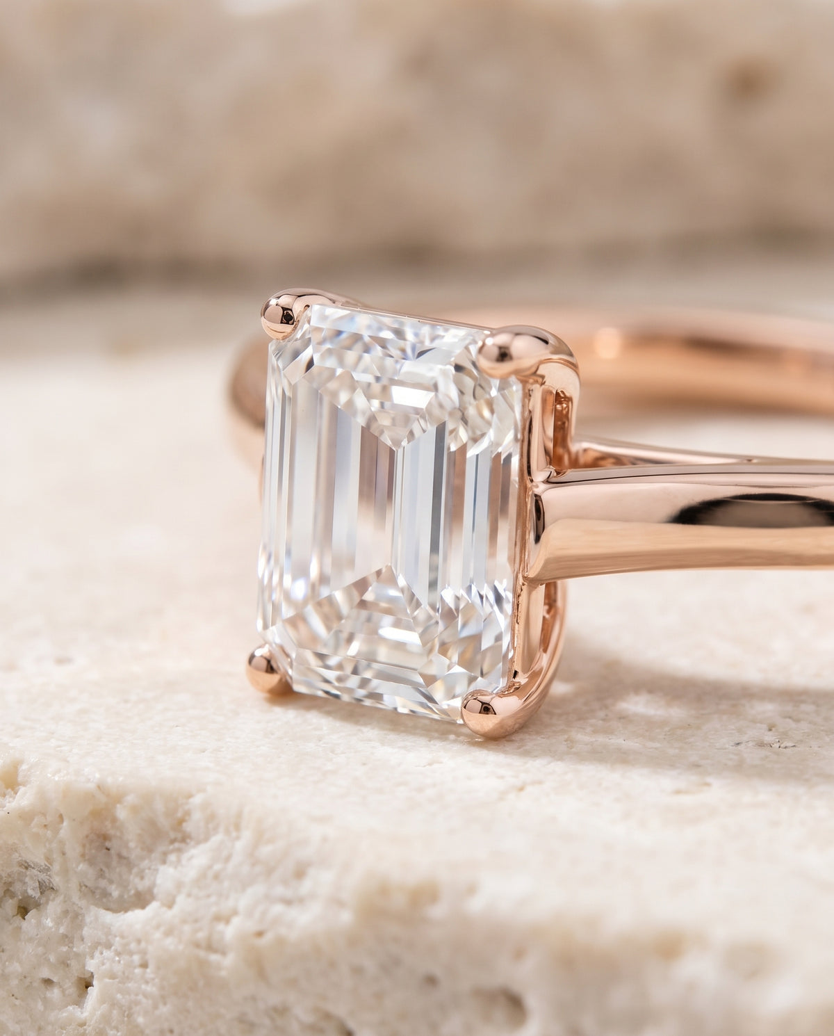 The Juliette Elegant Cathedral Squared Edge Solitaire Emerald Cut Engagement Ring Setting in 14K Rose Gold
