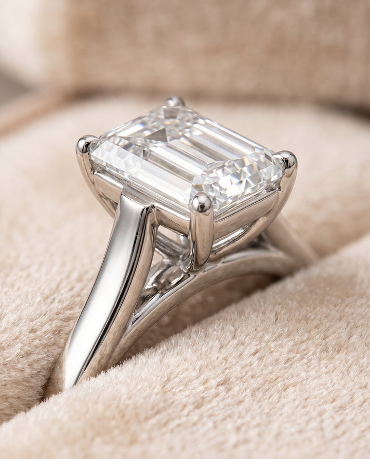 The Juliette Elegant Cathedral Squared Edge Solitaire Emerald Cut Engagement Ring Setting in Platinum