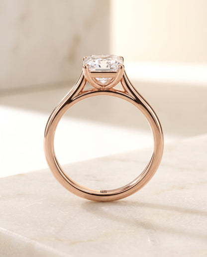 The Juliette Elegant Cathedral Squared Edge Solitaire Radiant Cut Engagement Ring Setting in 14K Rose Gold
