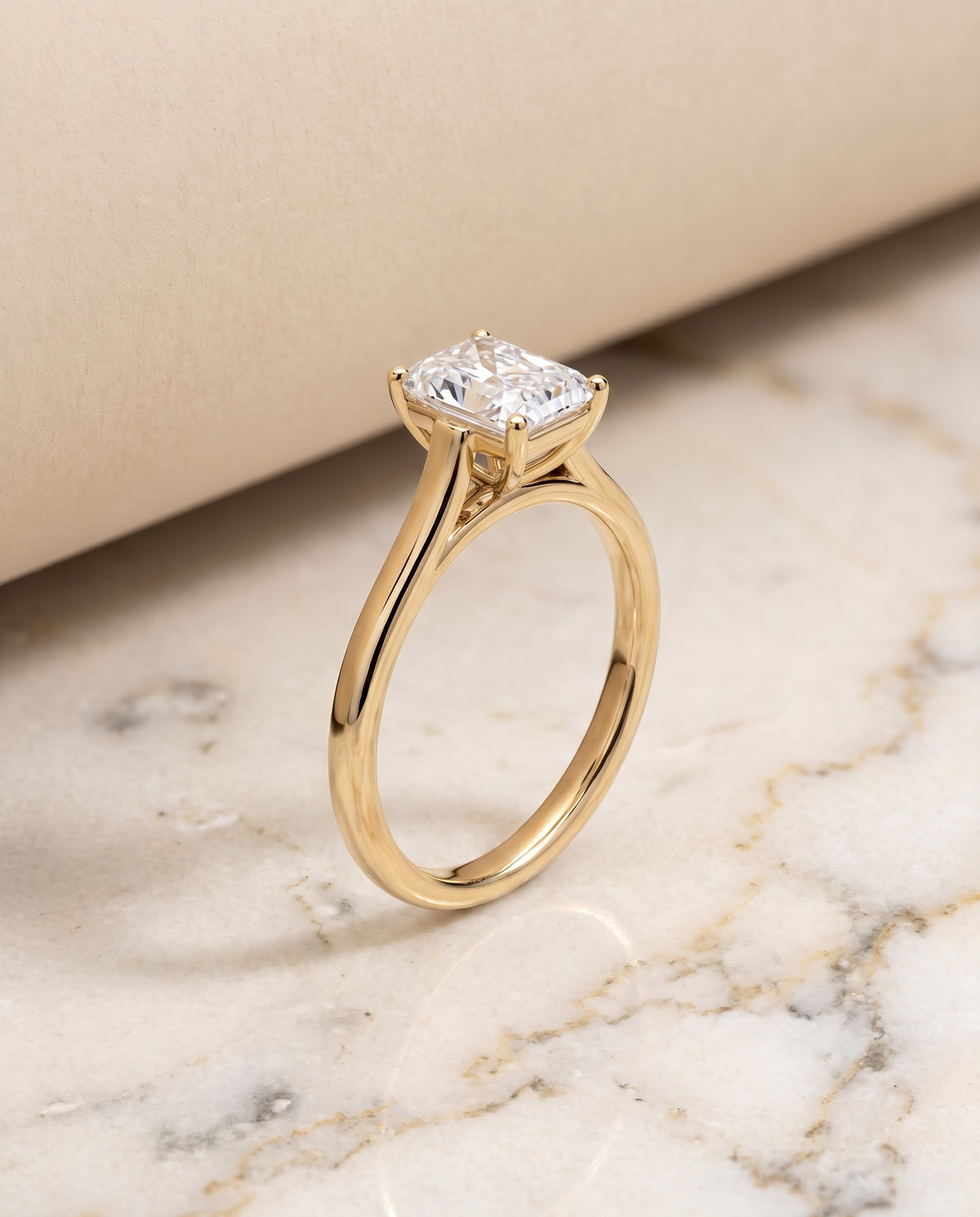 The Juliette Elegant Cathedral Squared Edge Solitaire Radiant Cut Engagement Ring Setting in 18K Yellow Gold