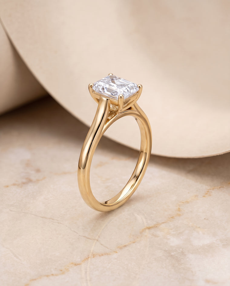 The Juliette Elegant Cathedral Squared Edge Solitaire Radiant Cut Engagement Ring Setting in 18K Yellow Gold
