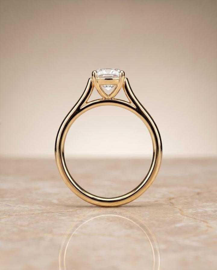 The Juliette Elegant Cathedral Squared Edge Solitaire Cushion Cut Engagement Ring Setting in 18K Yellow Gold