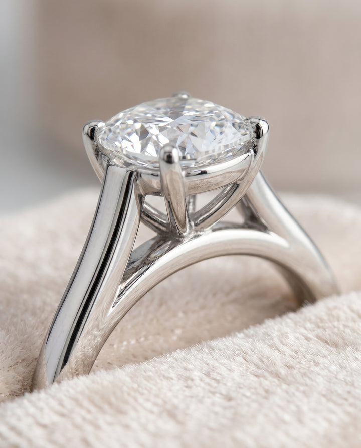 The Juliette Elegant Cathedral Squared Edge Solitaire Cushion Cut Engagement Ring Setting in Platinum