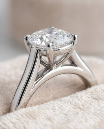 Juliette Select Cathedral Solitaire Cushion Cut Lab Diamond Engagement Ring in 18K White Gold, detail view | RockHer