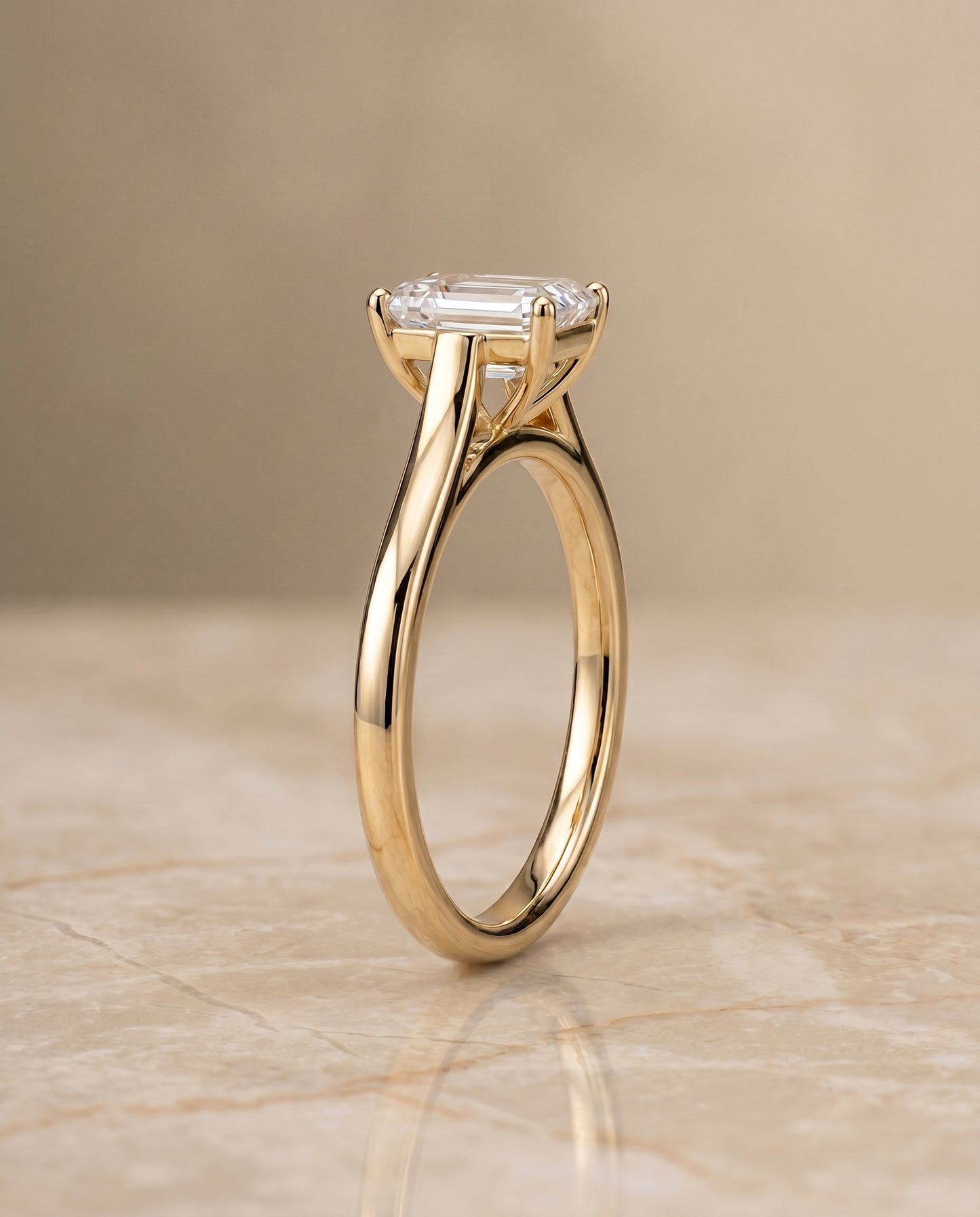 Juliette Select Cathedral Solitaire Emerald Cut Lab Diamond Engagement Ring in 18K Yellow Gold, side view | RockHer