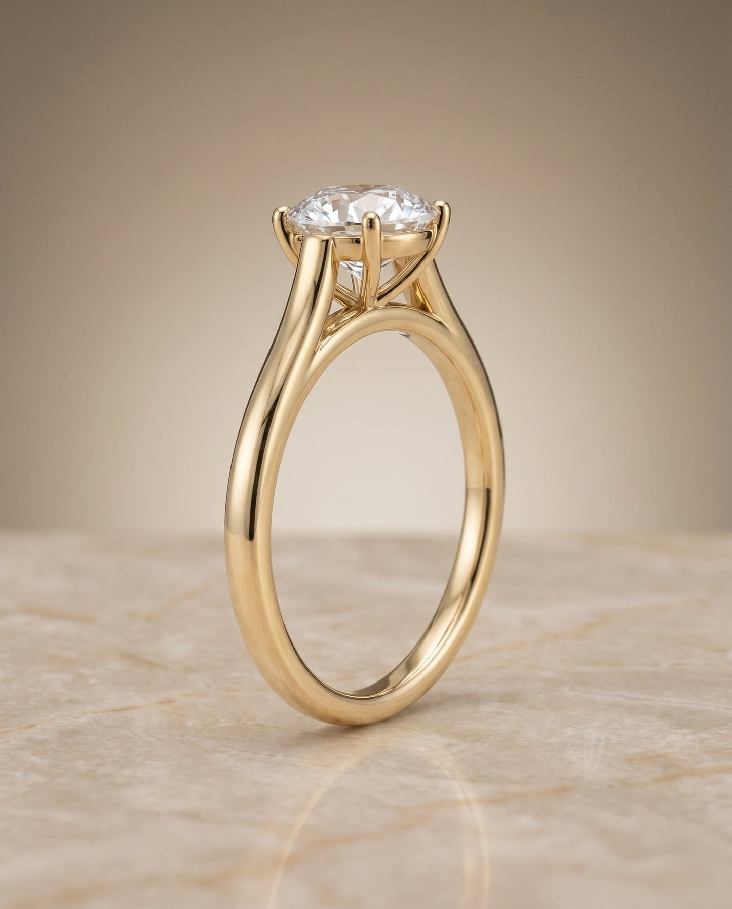 Juliette Select Cathedral Solitaire Round Lab Diamond Engagement Ring in 18K Yellow Gold, shown on hand, angled | RockHer