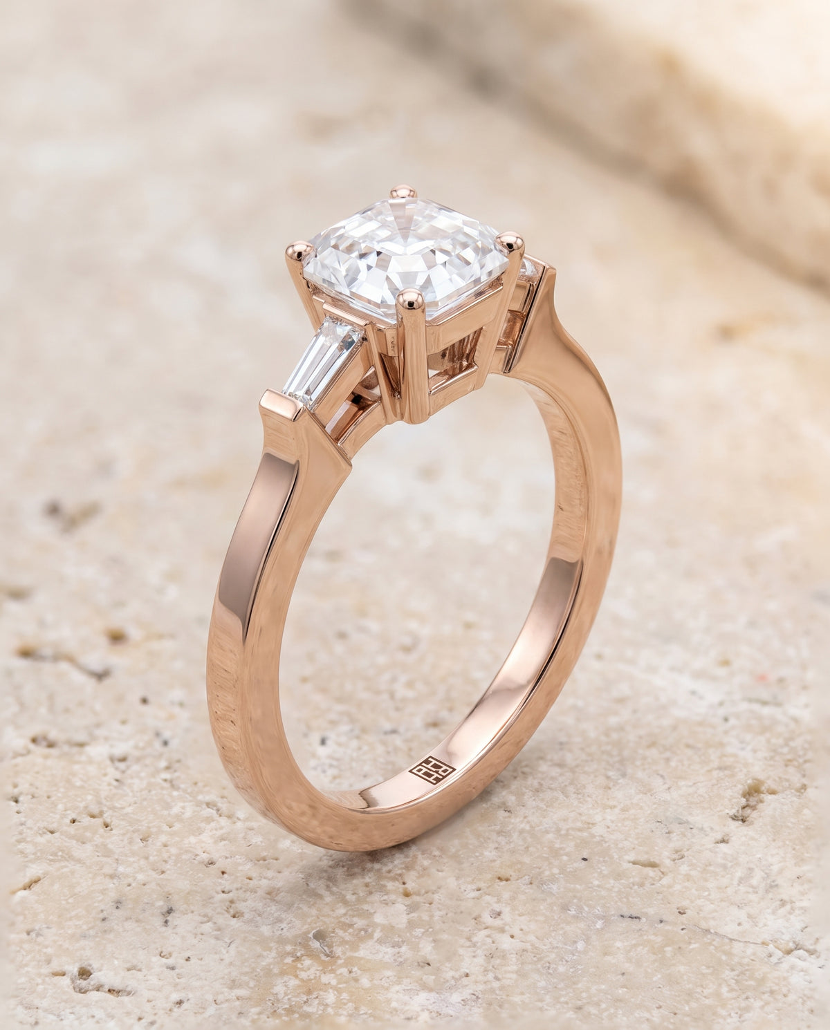 The June Three Stone Asscher Cut Engagement Ring Setting in 14K Rose Gold