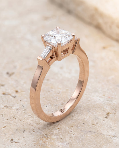 The June Three Stone Asscher Cut Engagement Ring Setting in 14K Rose Gold
