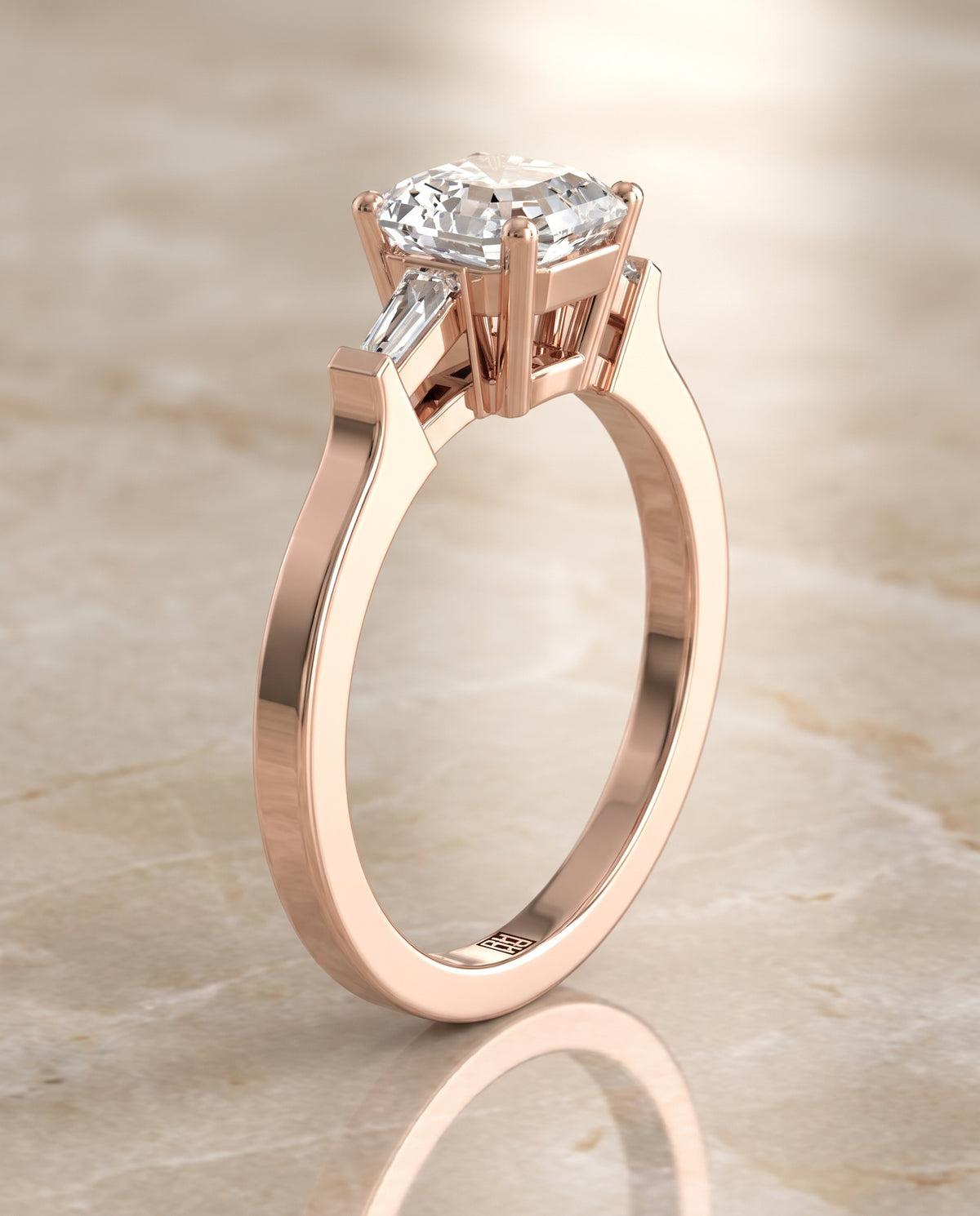 The June Three Stone Asscher Cut Engagement Ring Setting in 14K Rose Gold