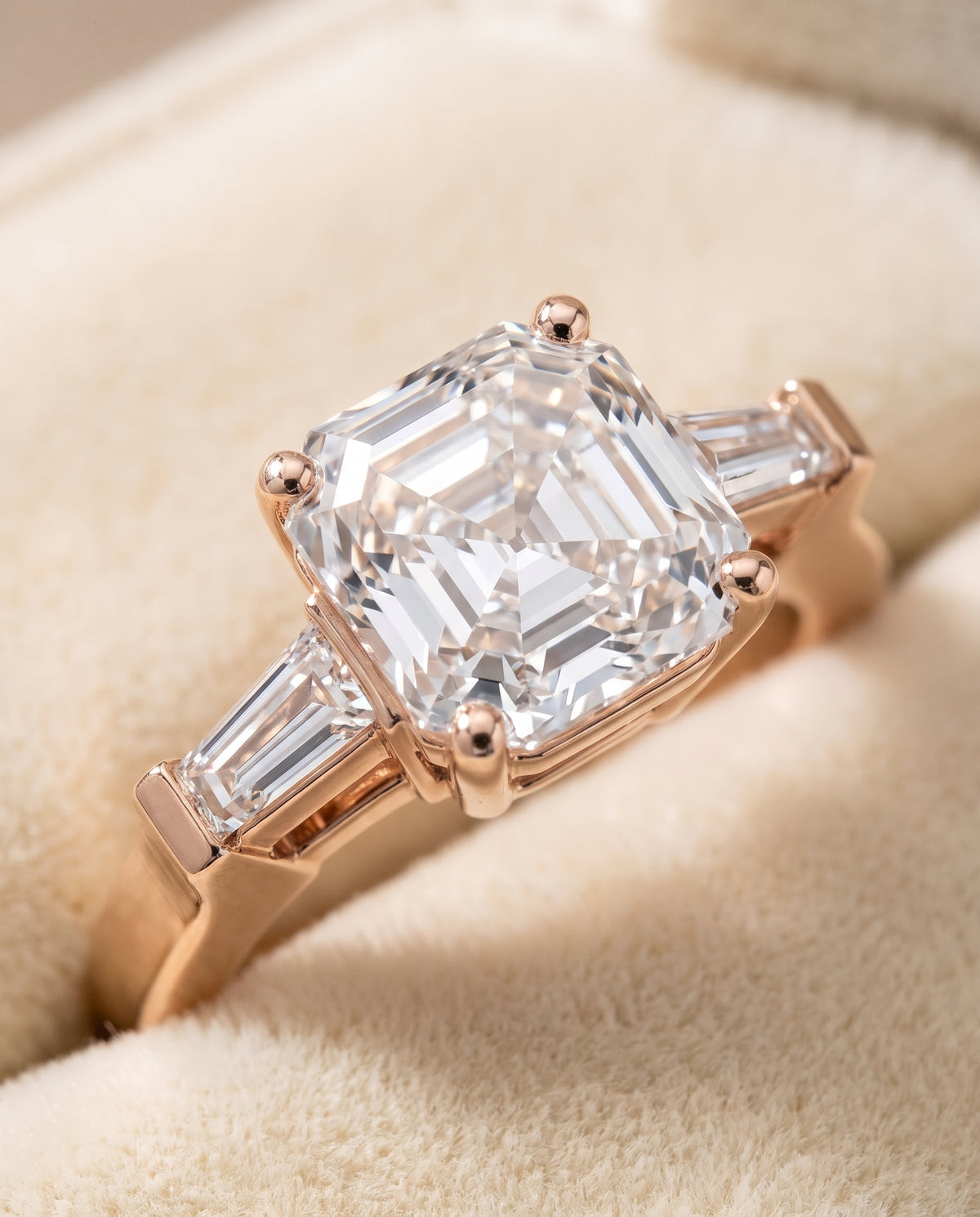 The June Three Stone Asscher Cut Engagement Ring Setting in 14K Rose Gold