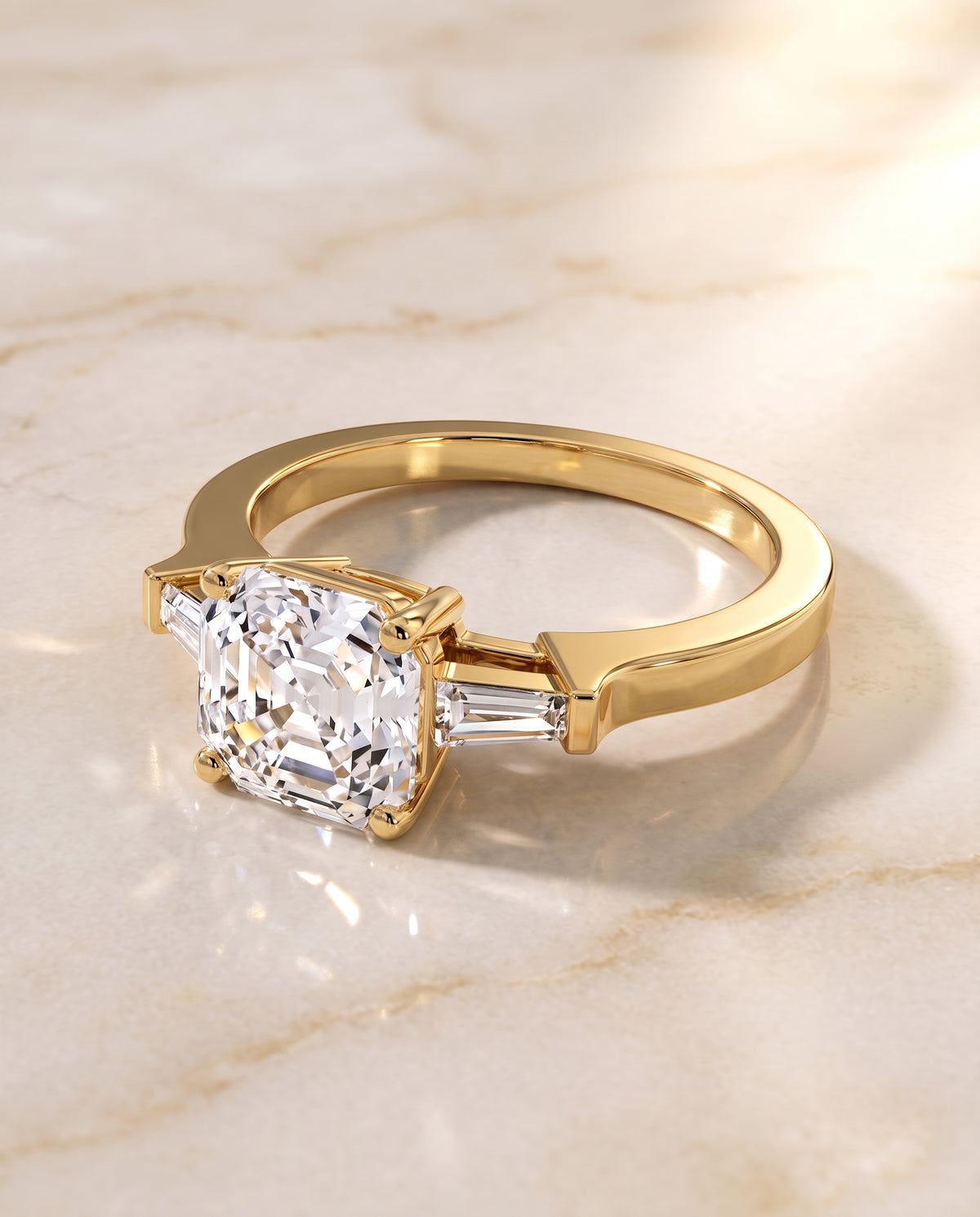 The June Three Stone Asscher Cut Engagement Ring Setting in 18K Yellow Gold