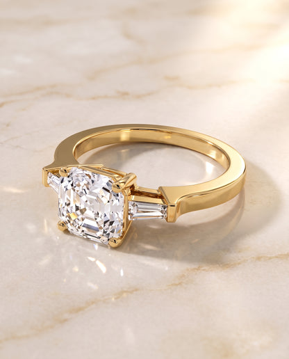 The June Three Stone Asscher Cut Engagement Ring Setting in 18K Yellow Gold