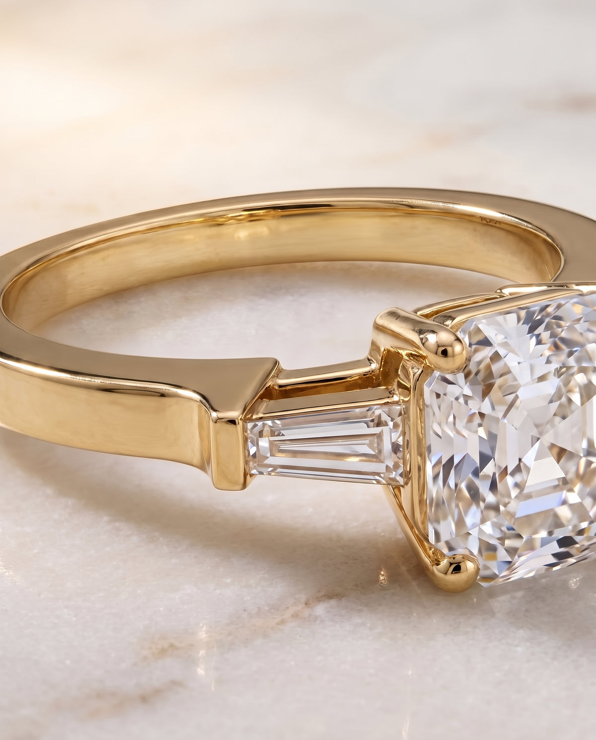 The June Three Stone Asscher Cut Engagement Ring Setting in 18K Yellow Gold