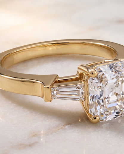 The June Three Stone Asscher Cut Engagement Ring Setting in 18K Yellow Gold