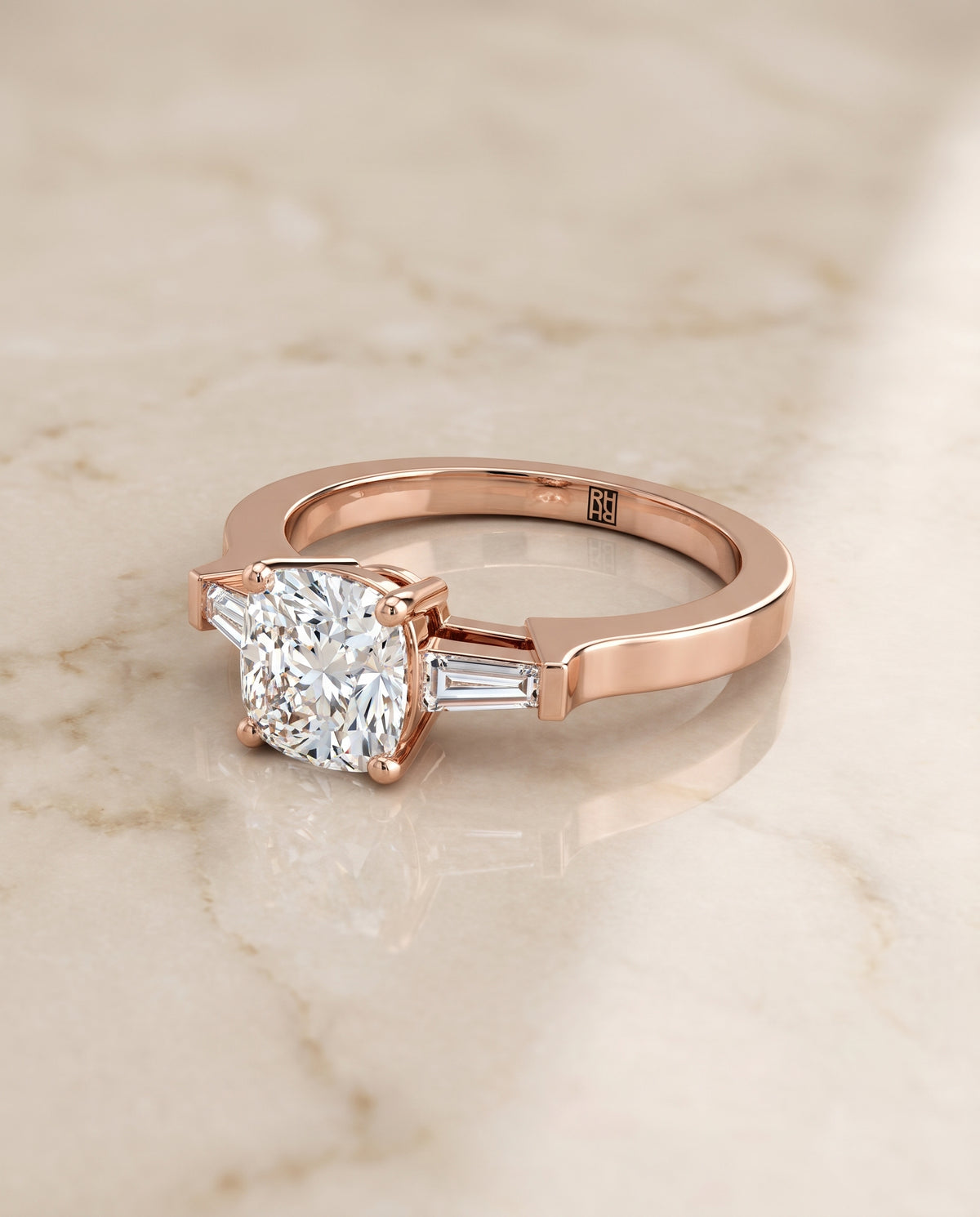 The June Three Stone Cushion Cut Engagement Ring Setting in 14K Rose Gold