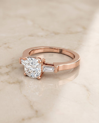 The June Three Stone Cushion Cut Engagement Ring Setting in 14K Rose Gold