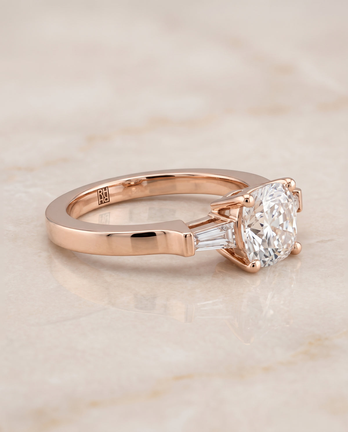 The June Three Stone Cushion Cut Engagement Ring Setting in 14K Rose Gold