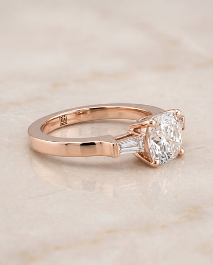 The June Three Stone Cushion Cut Engagement Ring Setting in 14K Rose Gold