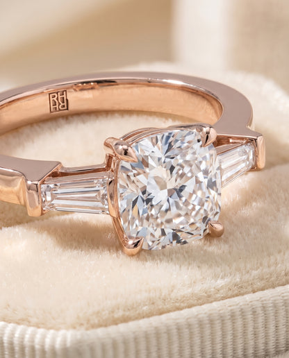The June Three Stone Cushion Cut Engagement Ring Setting in 14K Rose Gold