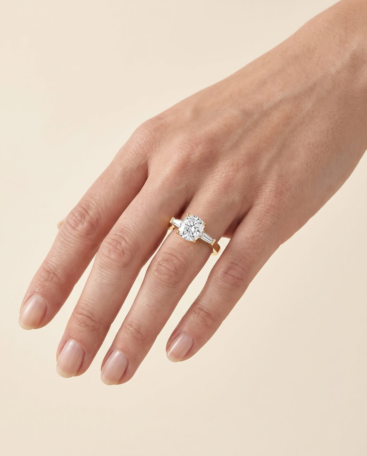 The June Three Stone Cushion Cut Engagement Ring Setting in 18K Yellow Gold